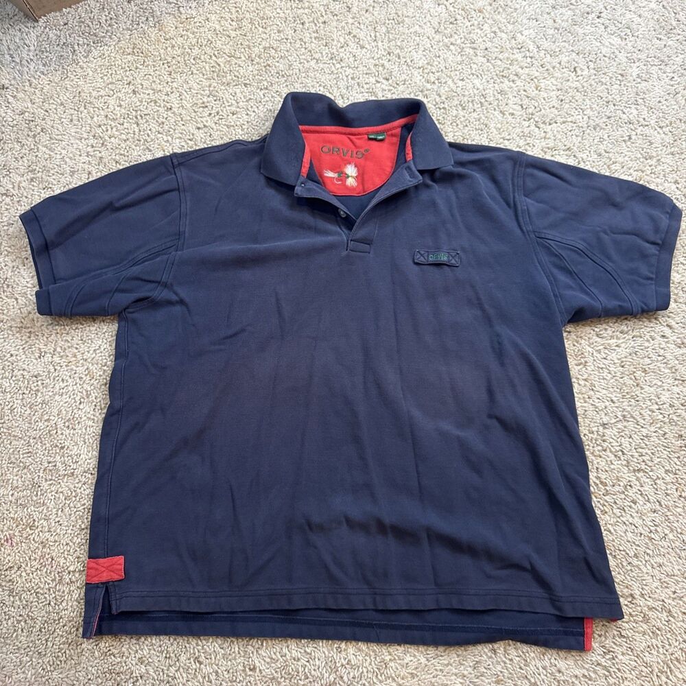 Orvis Men's Short Sleeve Navy Blue Red Pima Cotton Polo Shirt Size Xtra Large
